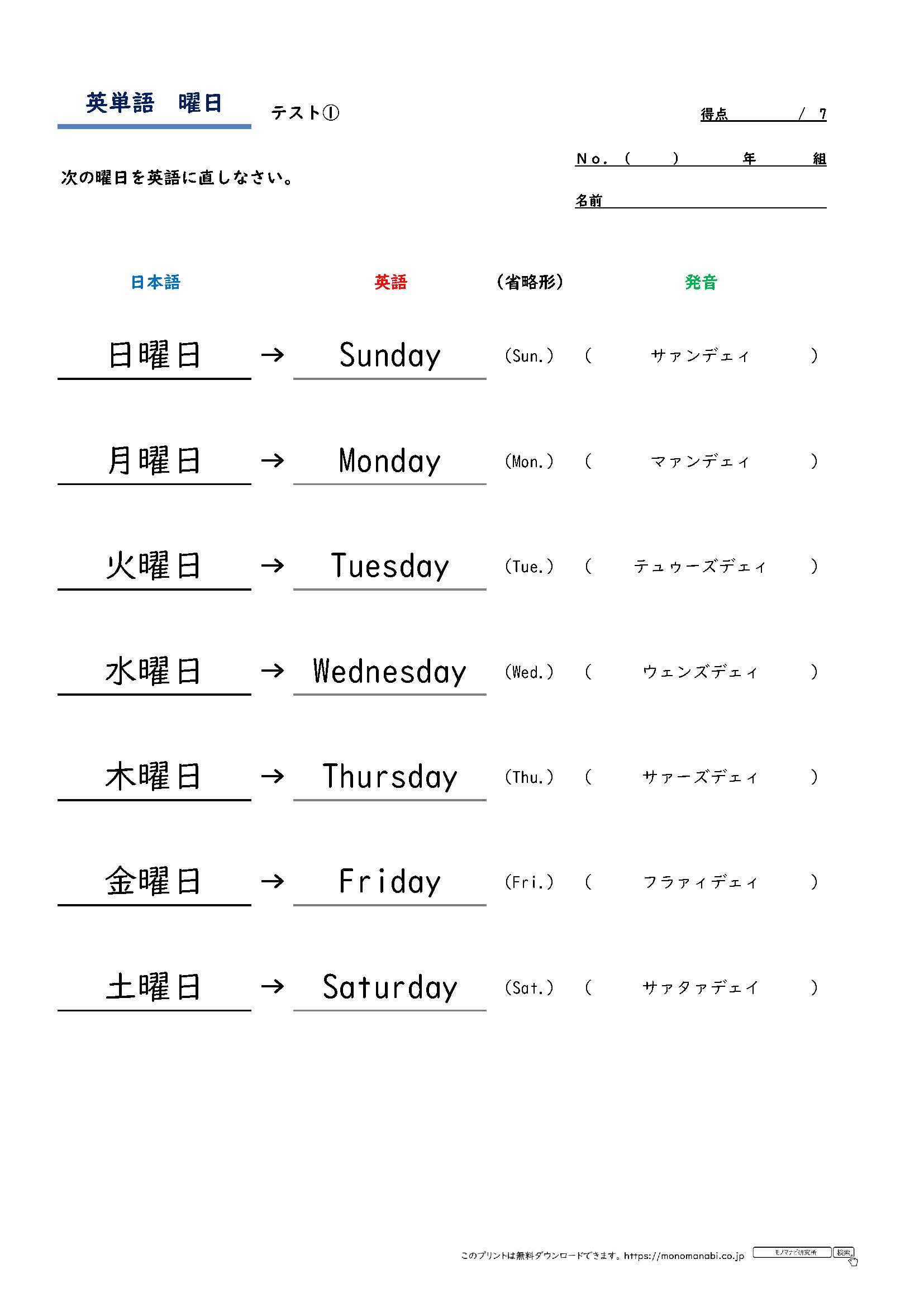 英語 一覧 曜日